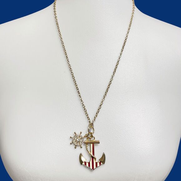 Vintage Anchor Pendant Necklace Gold Tone Red Striped Enamel Nautical Sailor 27" - Picture 8 of 8